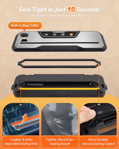 Toprime Automatic Vacuum Sealer Machine, 80kPa Powerful Food Sealer Built-in Cutter with Sealing Bag and Hose, Vacuum Air Sealing System for Seal a Meal and Sous Vide