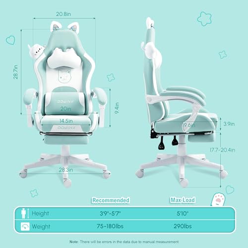 Dowinx Cat Ear Gaming Chair for Adults, Ergonomic Computer Chair with Massage Lumbar Support, Reclining Gamer Chair with Footrest and Headrest, 290 lbs