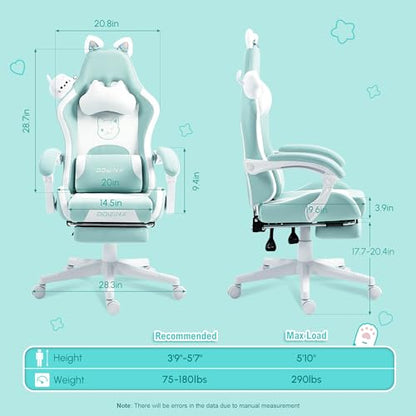 Dowinx Cat Ear Gaming Chair for Adults, Ergonomic Computer Chair with Massage Lumbar Support, Reclining Gamer Chair with Footrest and Headrest, 290 lbs