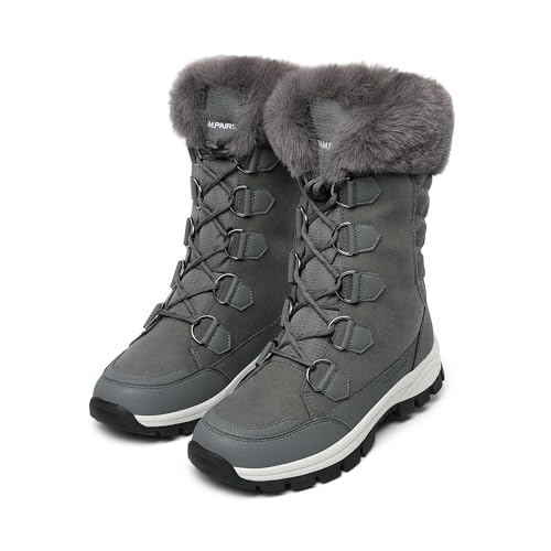 DREAM PAIRS Women's Waterproof Winter Snow Boots,Dark/Grey,7 | Non-Slip,Warm Cozy Fur,Comfortable,Insulated,Mid Calf,Lace Up,for Outdoor Hiking and Daily Walking