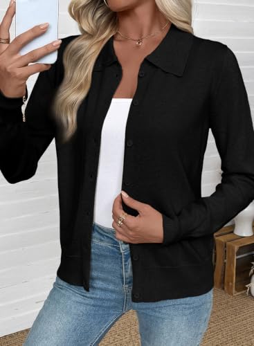 EVALESS Long Sleeve Cardigan Sweaters for Women Button Knit Tops Black M