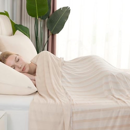 Syalife Cooling Blanket King Size for Hot Sleepers and Flashes, Ultra Thin Lightweight Summer Blankets with Q-Max 0.5 Arc-Chill Fiber, Double Sided (Striped Beige, 108"x 90")