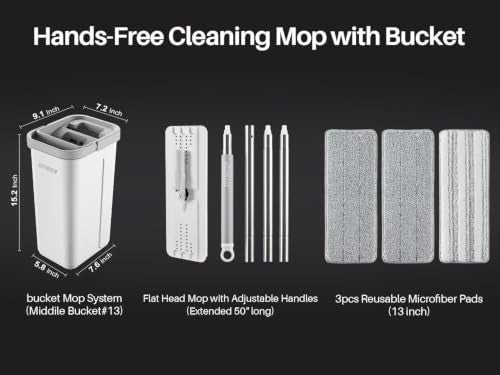 JOYMOOP Hands Free Flat Floor Mop and Bucket with Wringer Set, 3 Washable Microfiber Mops, Wet and Dry Use, Floor Cleaning System