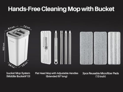 JOYMOOP Hands Free Flat Floor Mop and Bucket with Wringer Set, 3 Washable Microfiber Mops, Wet and Dry Use, Floor Cleaning System