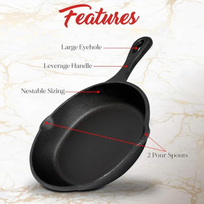 NutriChef Pre-Seasoned Cast Iron Skillet Pans - 3 Pieces Kitchen Frying Pan Nonstick Cookware Set w/Drip Spout - Includes Scraper - Electric Stovetop, Induction, Gas Range, Ceramic