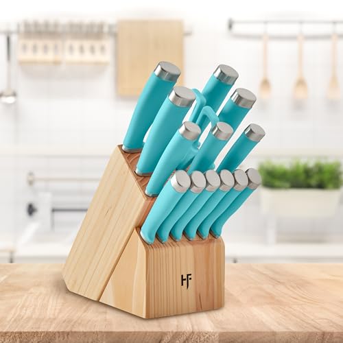 Hampton Forge Epicure Aqua 15-Piece Knife Set with Block | stainless steel, wood block | slip-resistant ergonomic handles | includes chef and slicing knives, knife block set