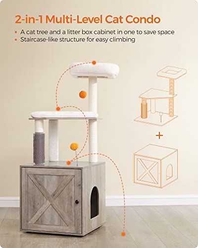 Feandrea Cat Tree with Litter Box Enclosure, 2-in-1 Modern Cat Tower for Indoor Cats, 52.8-Inch Cat Condo with Self Groomer, Scratching Posts, Washable Cushions, Greige UPCT115G01