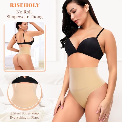 Riseholy Tummy Control Thong Shapewear for Women Body Shaper Underwear Seamless Waist Trainer Panties (#01 Beige,Large)