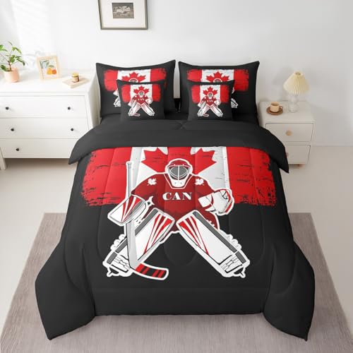 Feelyou Kids Ice Hockey Comforter Set 7 Pieces Twin Size Canada Flag Bedding Set for Boys Girls Winter Sports Hobby Bed in a Bag with Comforter, Sheets, Pillowcases & Cushion Covers