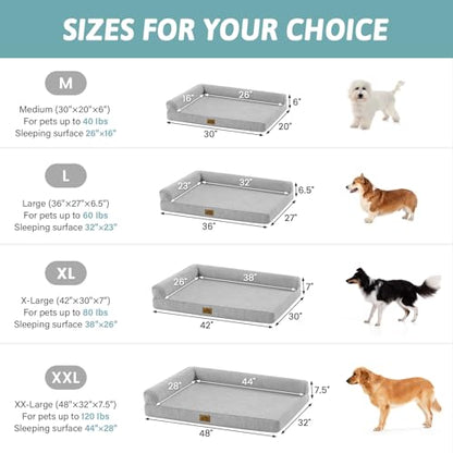 COZY KISS Cooling Dog Bed, Q-Max >0.4 Orthopedic Foam Dog Bed with Sides, Removable Cover & Waterproof Lining and Nonskid Bottom, Comfortable Pet Beds for Dogs, Grey (36" L x 27" W x 6.5" Th)