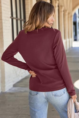 EVALESS Womens Tops Blouses Dressy for Women 2024 Trendy Summer Fall Dressy Casual Long Sleeve Blouses Solid Color Loose Round Neck Pleated Basic T Shirts Outfits,Red Dahlia Medium