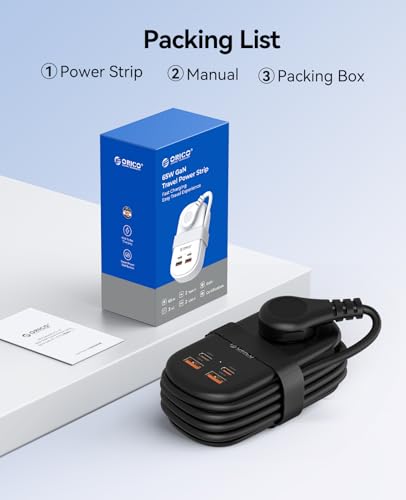 ORICO 65W GaN Travel Power Strip with 7-in-1 Charging Ports (3 AC Outlets/2 USB-A/2 USB-C), Flat Plug and 4FT Extension Cord, Fast Charger for MacBook Pro/Air, iPad Pro, iPhone 17/16/15- AP3