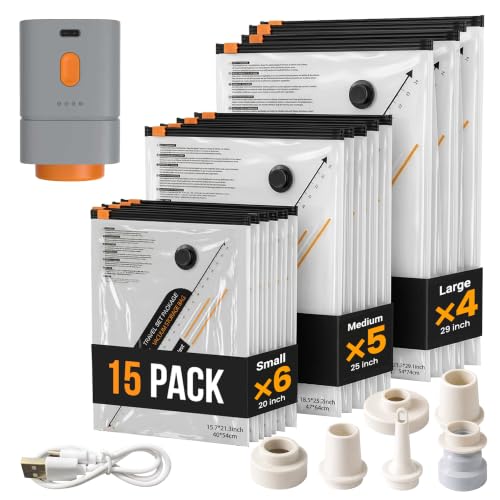 Vacuum Bags for Travel Clothes with Cordless Pump, Vacuum Storage Bags 15Pk | (6 Small, 5 Medium, 4 Large) - Vacuum sealer bags for clothes, Blankets and Luggage - Space Saver Vacuum Storage Bags