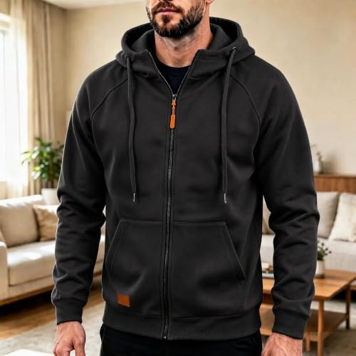 Zip Up Hoodie for Men Lightweight Fall Sweatshirt with Pockets Black