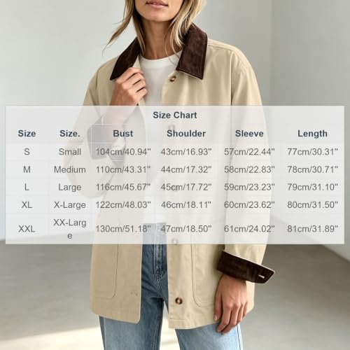 Womens Jackets Trendy 2026 Fall Jackets for Women Corduroy Collar Rollable Contrast Cuffs Travel Coat Button Front Winter Workwear With Pocket Khaki Large