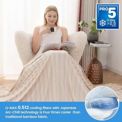 Syalife Cooling Blanket King Size for Hot Sleepers and Flashes, Ultra Thin Lightweight Summer Blankets with Q-Max 0.5 Arc-Chill Fiber, Double Sided (Striped Beige, 108"x 90")