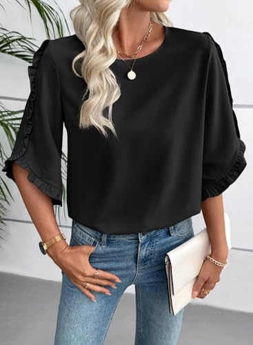 EVALESS 3/4 Length Sleeve Tops Business Casual Clothes Black Small