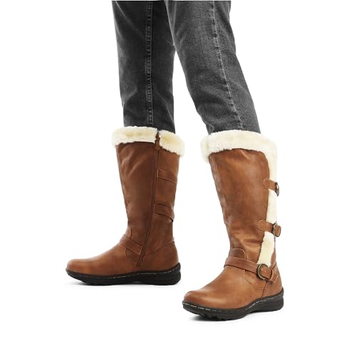 DREAM PAIRS Women Knee High Fully Fur Lined Boots,Camel/Pu,9
