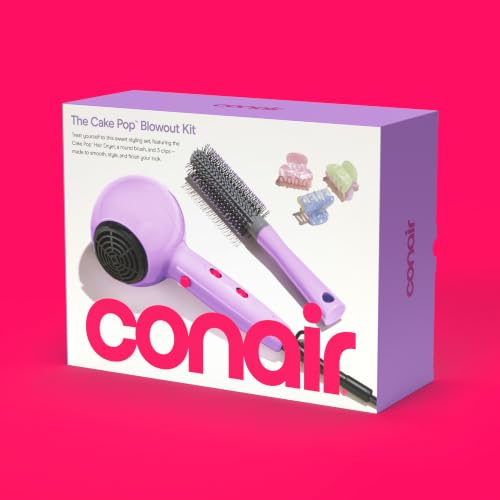 Conair Cake Pop Blowout Kit, Hair Dryer with Diffuser & Concentrator, Round Brush, 3 Claw Clips, Blow Dryer for Women, Tourmaline Ceramic Technology, 3 Heat/2 Speeds, Lilac, 505AMZ