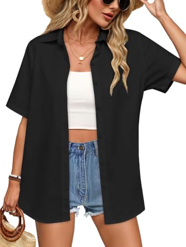 CHICALLURE Womens Hawaiian Shirts Short Sleeve Summer Tops,A Black,L