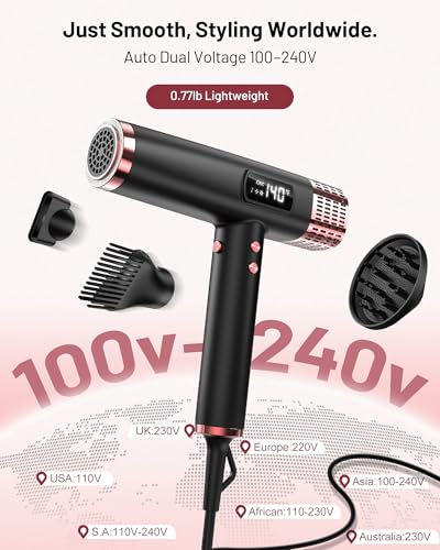 MESCOMB Dual Voltage Ionic Hair Dryer - 1875W Blow Dryer with Diffuser for Fast Drying, No Heat Damage, No Frizz, Low Noise | Lightweight | Compact, Travel Hair Dryer for Women & Men(100-240V)