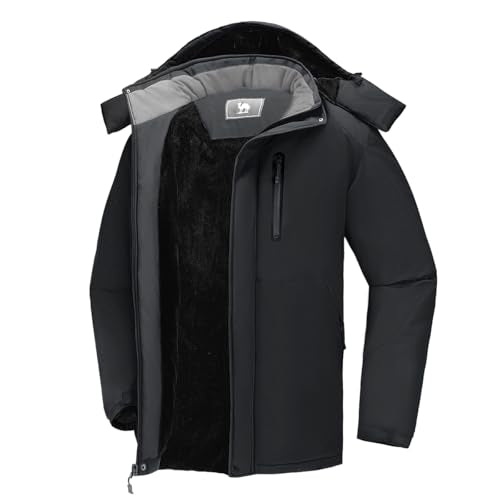CAMEL Men's Winter Ski Jackets Waterproof Snow Coat with Hood Mountain Windproof Rain Jacket, Black, X-Large
