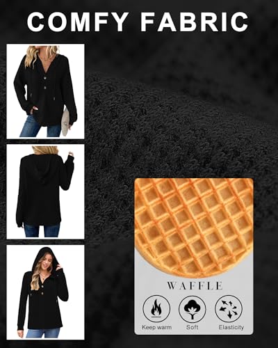 WNEEDU Womens Long Sleeve Tops Waffle Knit Hoodies Sweatshirt Black