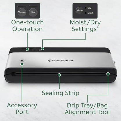 FoodSaver PowerVac Compact Vacuum Sealer Machine w/ Vertical Storage | 5 Airtight Vacuum Seal Bags & 1 Roll | VS0150 | Stainless Steel / Black