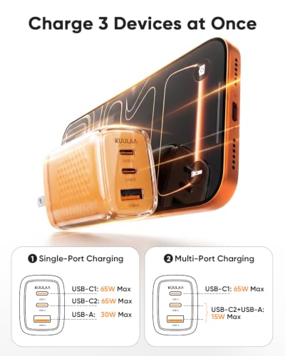 65W GaN USB-C Charger, 3-Port Fast Charging Block with 3.3ft 60W Cable | Advanced Protection, Foldable Travel Charger, GaN Tech, 3-Port, Adapter for MacBook Pro Air Neo Laptop iPhone 17 Samsung etc