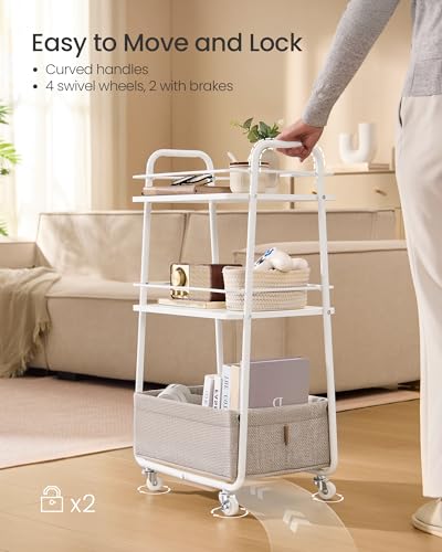 VASAGLE LILEA Collection - Storage Cart with Fabric Basket, 3-Tier Rolling Utility Cart with Wheels and Shelves, for Living Room Bedroom Kitchen, Cloud White and Camel Brown ULRC001WB01