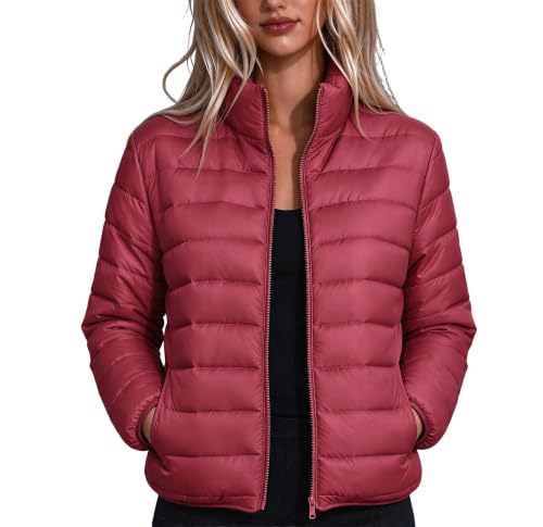 Womens Winter Jackets Women Lightweight Quilted Puffer Jacket Stand Collar Zip Up Short Padded Coat Winter Fashion Outerwear with Pockets Wine Small