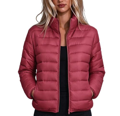 Womens Winter Jackets Women Lightweight Quilted Puffer Jacket Stand Collar Zip Up Short Padded Coat Winter Fashion Outerwear with Pockets Wine Small