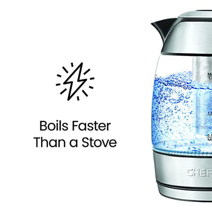 Chefman Electric Kettle 1.8L, 1500W Fast Boiling Water Heater, Auto Shutoff, Boil Dry Protection & Cordless Pouring, BPA Free, Removable Tea Infuser, Borosilicate Glass, Stainless Steel