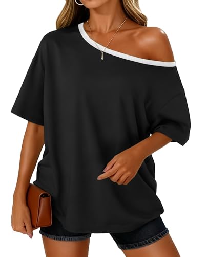 BONITEE Women Off The Shoulder Tops Loose Oversized Tshirt Casual Summer Batwing Short Sleeve Shirt Boat Neck Blouse Black M