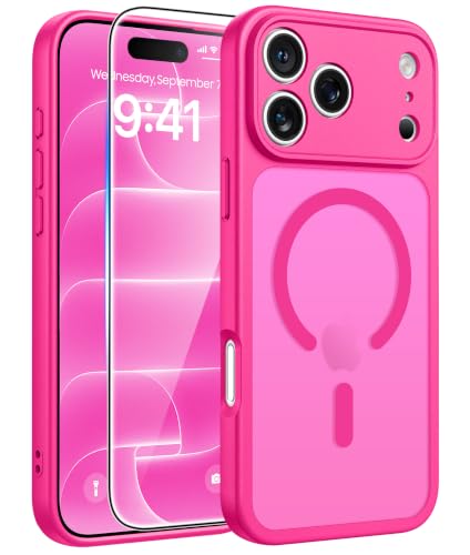 FNTCASE for iPhone 18 Pro Max Case/ iPhone 17 Pro Max Case, Fit for Magsafe | Screen Protector, Full Camera Protection, Translucent Matte, 14FT Military Grade Drop Proof, Shockproof Cover, Hot Pink