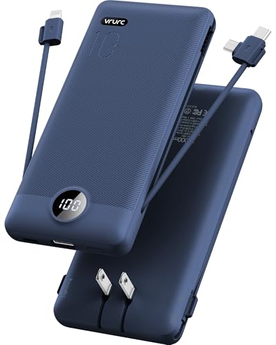 Portable Charger with Built-in Cables & AC Wall Plug, Slim Power Bank