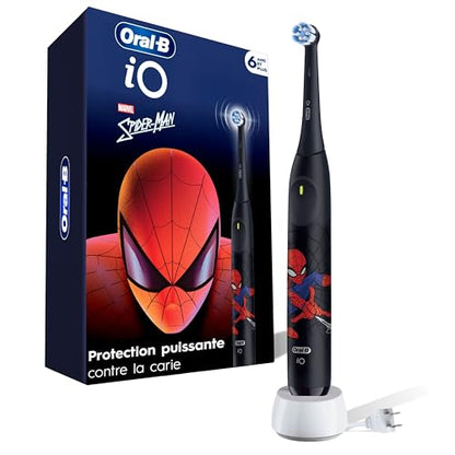 Oral-B iO Kids Rechargeable Electric Powered Toothbrush, Spiderman with 1 Gentle Care Brush Head - Automatic Pressure Sensor to Protect Gums - 3 Cleaning Settings - 2 Min Music Timer - 28 Day Battery Life