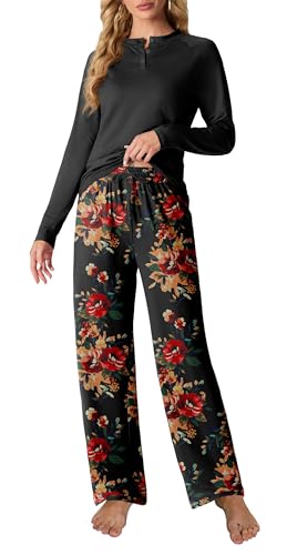 VINTATRE Womens Pajama Sets 2 Piece Lounge Set Knit Pj Brown Black