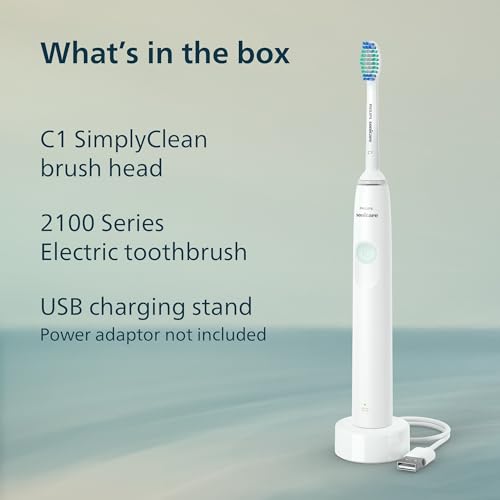 Philips Sonicare 2100 Rechargeable Electric Toothbrush, 1 Brush Head, White | 200% More Plaque Removal, 2 Brush Settings, 2-Minute Guided Timer, QuadPacer, EasyStart, 14-Day Battery, HX3661/04