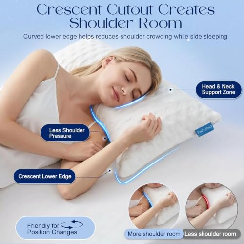 Side Sleeper Pillows for Neck & Shoulder Comfort - Curved Crescent Design, Adjustable Shredded Memory Foam, Cooling & Soft Cover, Extra Fill Included, Queen Size Set of 2