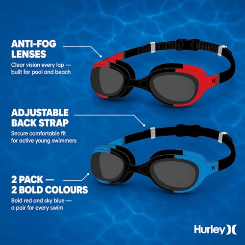 Hurley Youth Solari Red & Blue Swim Goggles 2 pack Trap Blist