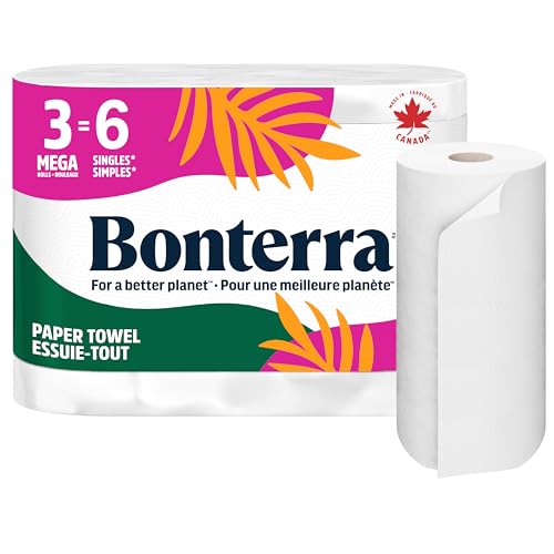 Bonterra Responsibly Sourced Paper Towels, Strong & Absorbent, 3=6 Mega Rolls, 160 Sheets per roll = 480 Total Sheets, Plastic Free Packaging