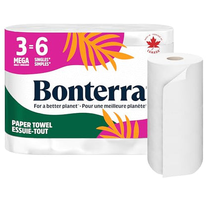Bonterra Responsibly Sourced Paper Towels, Strong & Absorbent, 3=6 Mega Rolls, 160 Sheets per roll = 480 Total Sheets, Plastic Free Packaging