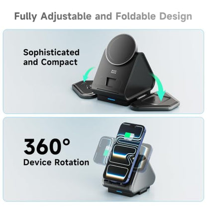 3 in 1 Charging Station, for Mag Safe Wireless Charger Stand, 15W Multiple Device Magnetic Charging Station for iPhone 16,15,14,13,12 Series, Apple Watch, AirPods (USB-C Charger Included)