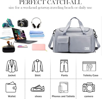 Gym Bag for Women Men, Sports Duffel Bag with Shoes Compartment, Waterproof Travel Duffle Bag with Dry Wet Separated Pocket, Overnight Carry Luggage Bag for Weekender, Sports, Gym, Travel (Grey)