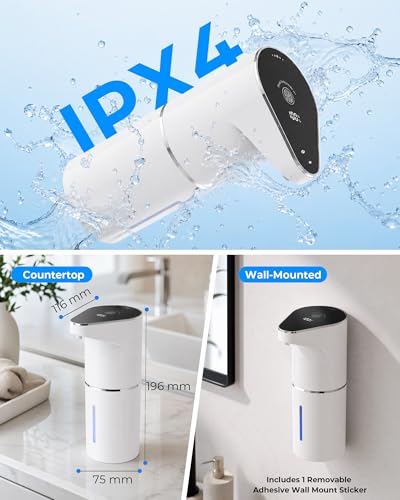 Automatic Soap Dispenser Touchless, Rechargeable Hands-Free Soap Dispenser with Infrared Sensor, 6 Adjustable Foam Levels, LED Display, IPX4 Waterproof, 350ml for Bathroom Kitchen, White