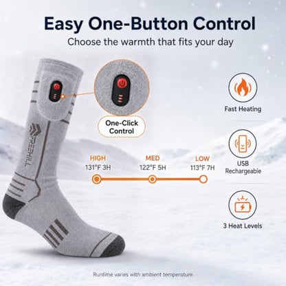 FREEHILL Merino Wool Rechargeable Heated Socks,Full Sole Heating(Grey,L)