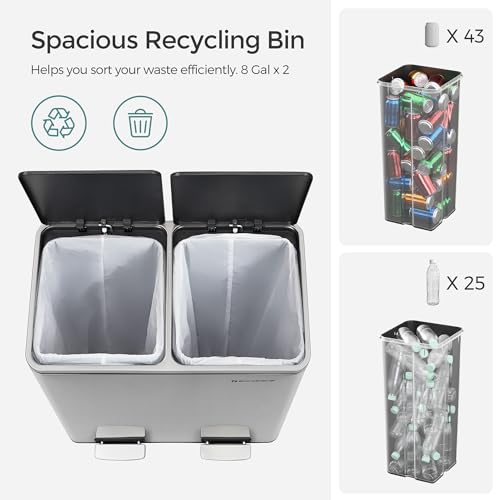 SONGMICS Trash Can, 2 x 8 Gallon Garbage Can for Kitchen, with 15 Trash Bags, 2 Compartments, Plastic Inner Buckets and Hinged Lids, Airtight, Silver and Black ULTB60NL