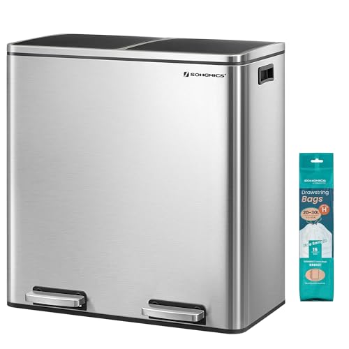 SONGMICS Trash Can, 2 x 8 Gallon Garbage Can for Kitchen, with 15 Trash Bags, 2 Compartments, Plastic Inner Buckets and Hinged Lids, Airtight, Silver and Black ULTB60NL