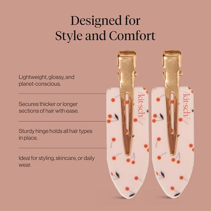 Kitsch Creasless Hair Clips for Women 4pcs - Cherry Print | No Crease, No Bend Hair Clips for Styling, Bangs, Makeup Application, Face Wash – Recycled Acrylic Hair Accessories